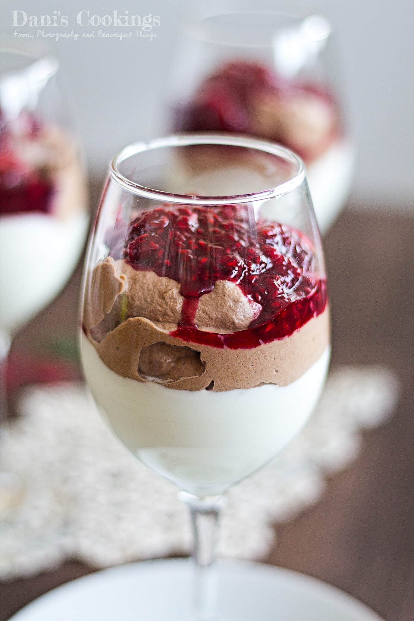 This easy and delicious Double Chocolate Mousse with Raspberry sauce is made with only 5 ingredients! Find the recipe at daniscookings.com